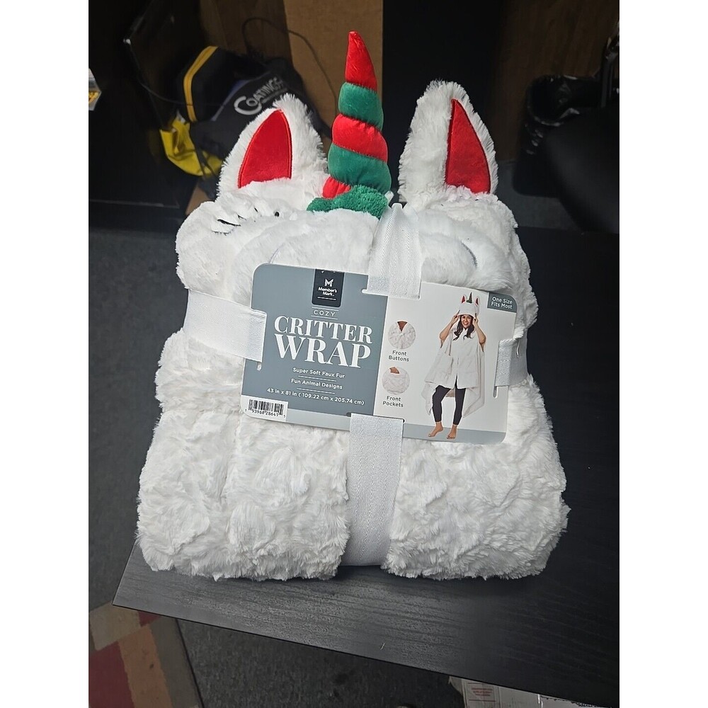COZY CRITTER WRAP UNICORN Member's Mark Soft Faux Fur Front Pockets Buttons NEW